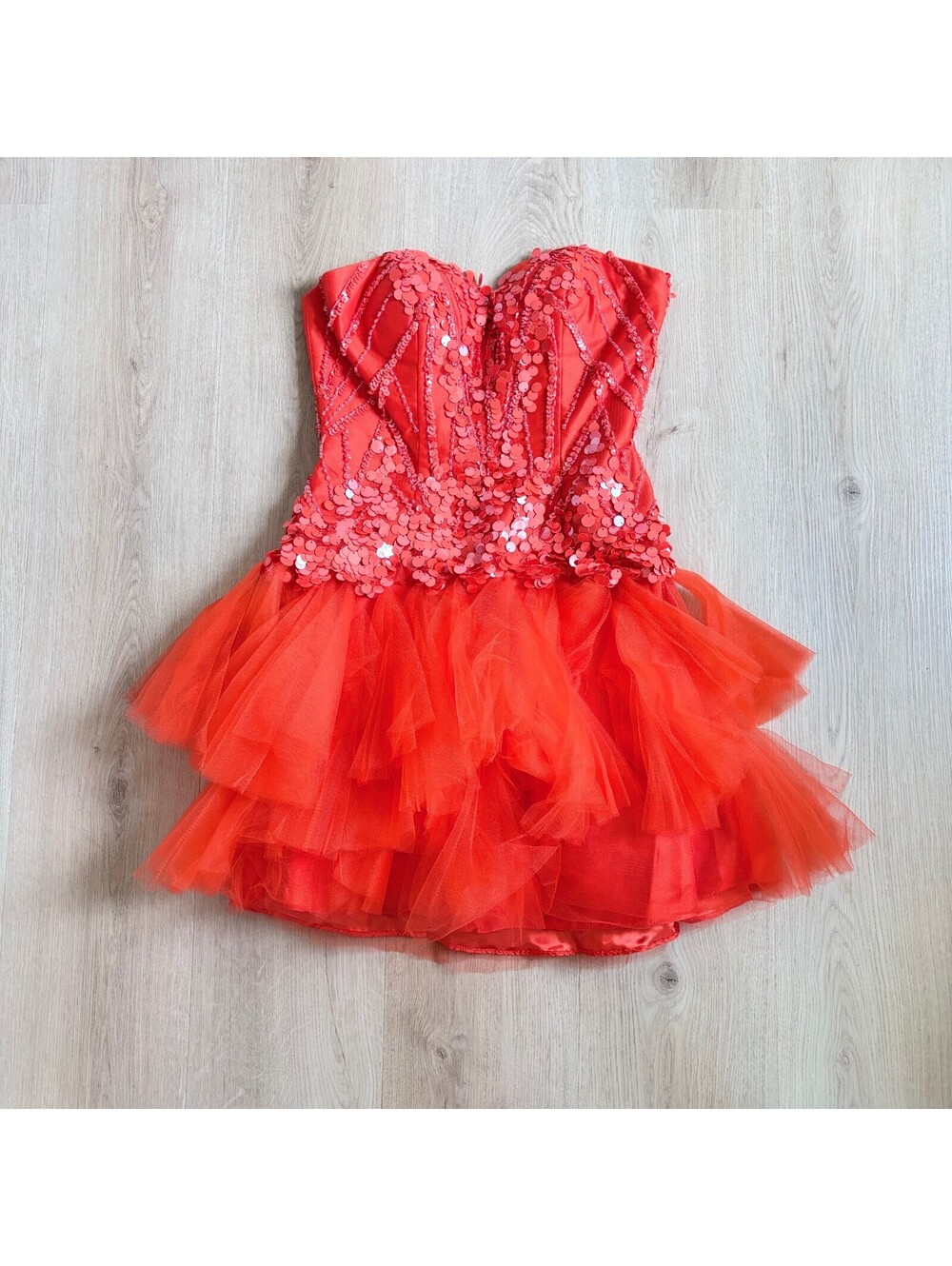 Cinderella Divine NWT Coral Sequin Strapless Sweetheart Neck Tulle Dress 4